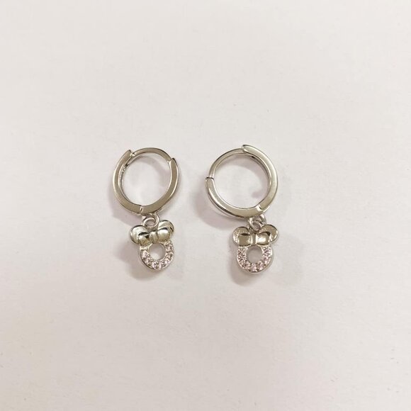 Women Silver Small Mouse Dangle Hoop Earrings Sterling Cubic Zirconia Charm - Picture 5 of 5